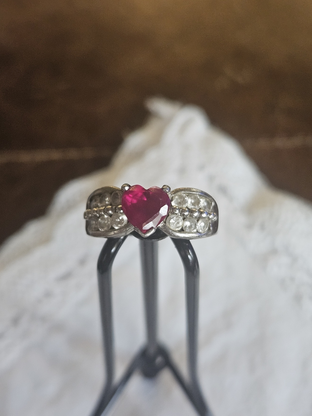 Silver Ring with Pink Heart Gemstone and Clear Accent Stones